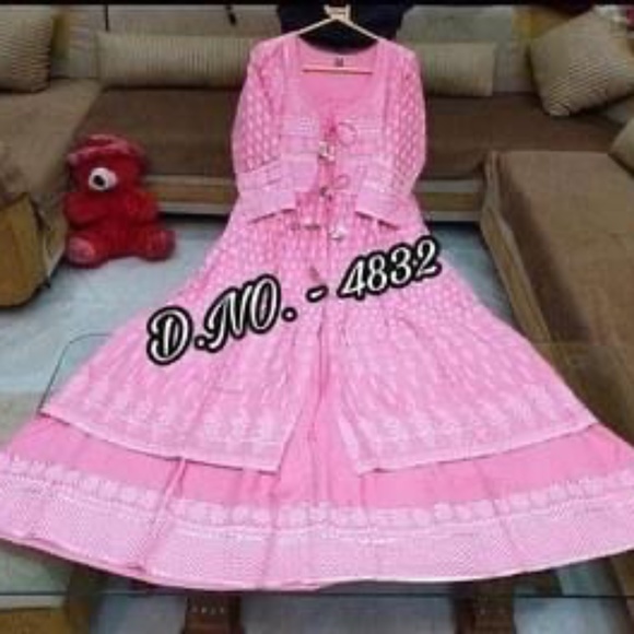 Women Indian Anarkali Kurta With Jacket Long Flared Pink Gown Kurti Set. - Picture 1 of 3